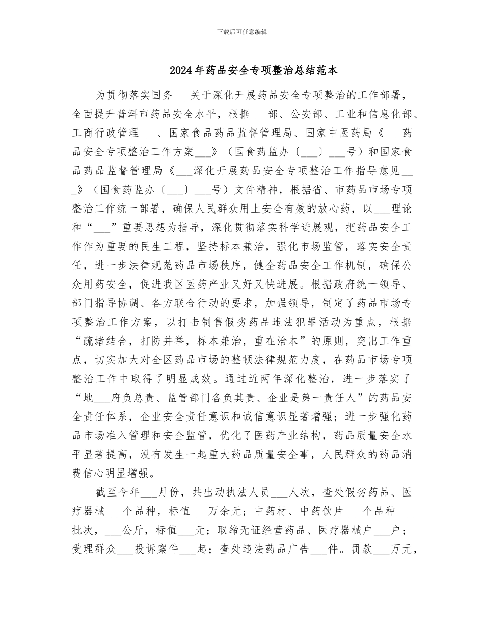 2024年药品安全专项整治总结范本_第1页