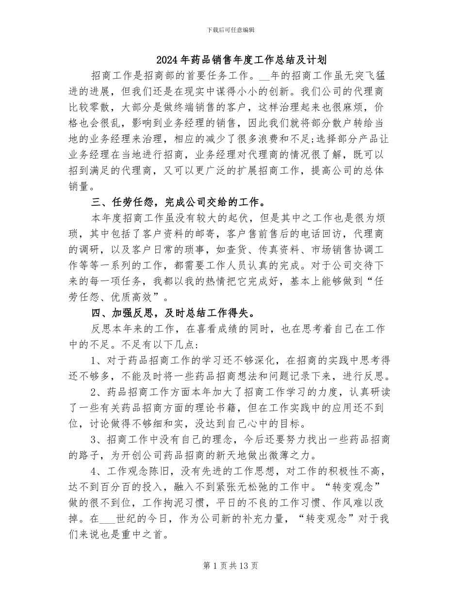 2024年药品销售年度工作总结及计划_第1页