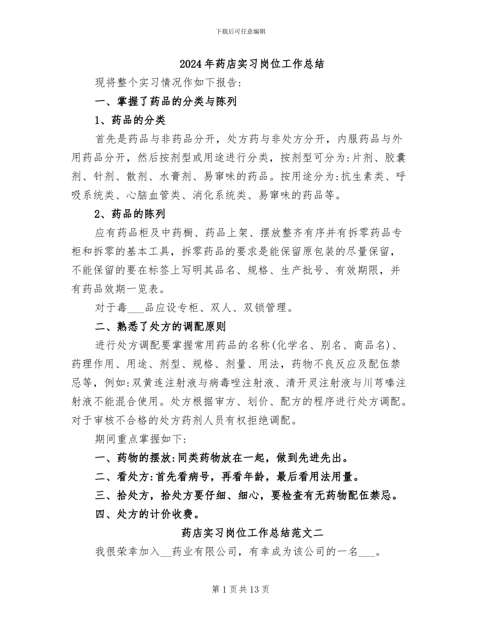 2024年药店实习岗位工作总结_第1页