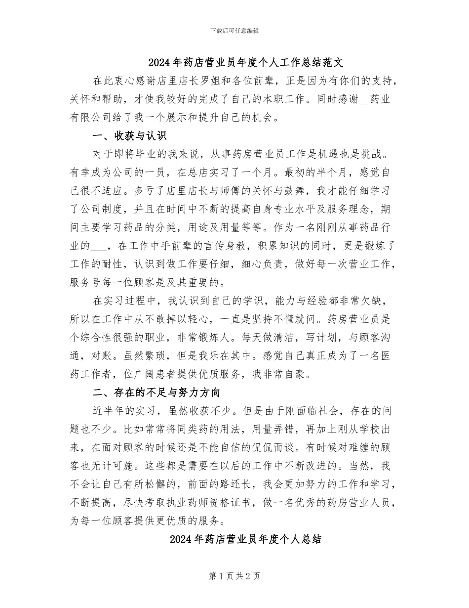 2024年药店营业员年度个人工作总结范文_第1页