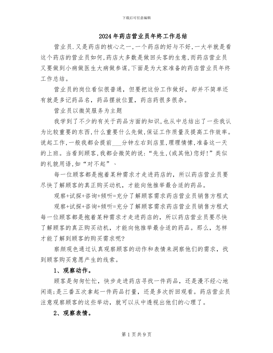 2024年药店营业员年终工作总结_第1页
