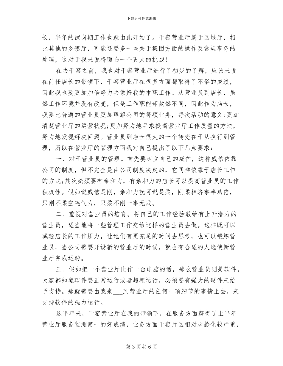 2024年营业厅店长试用期转正工作总结_第3页