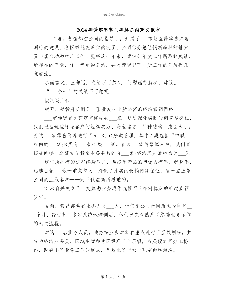 2024年营销部部门年终总结范文范本_第1页