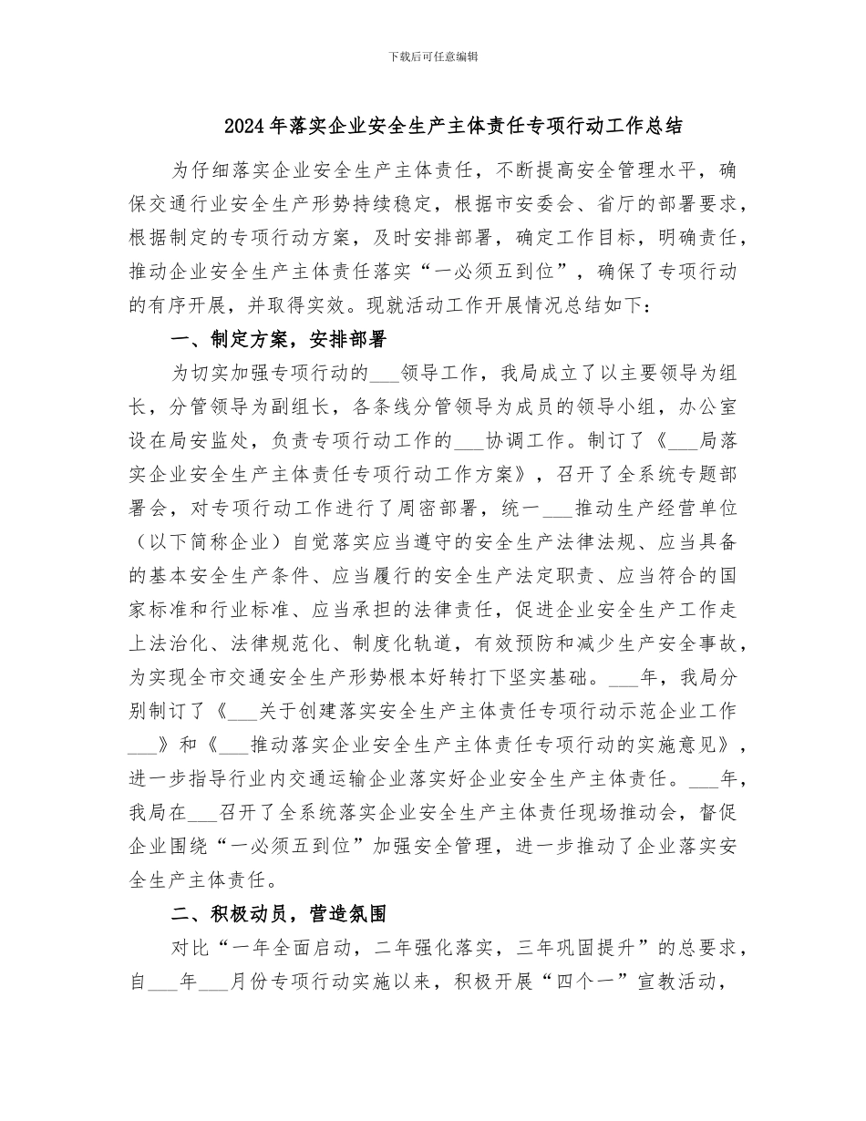 2024年落实企业安全生产主体责任专项行动工作总结_第1页