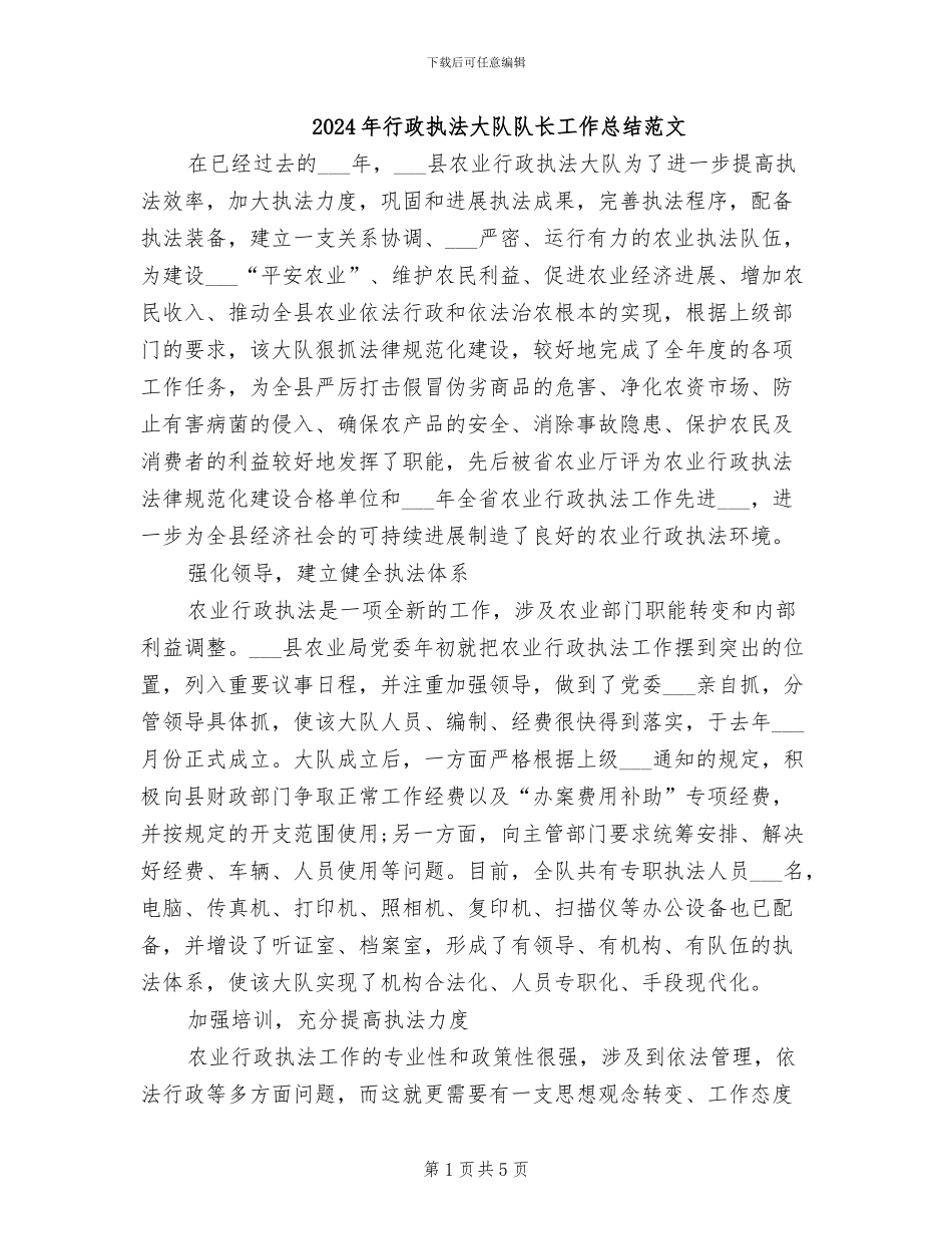 2024年行政执法大队队长工作总结范文_第1页