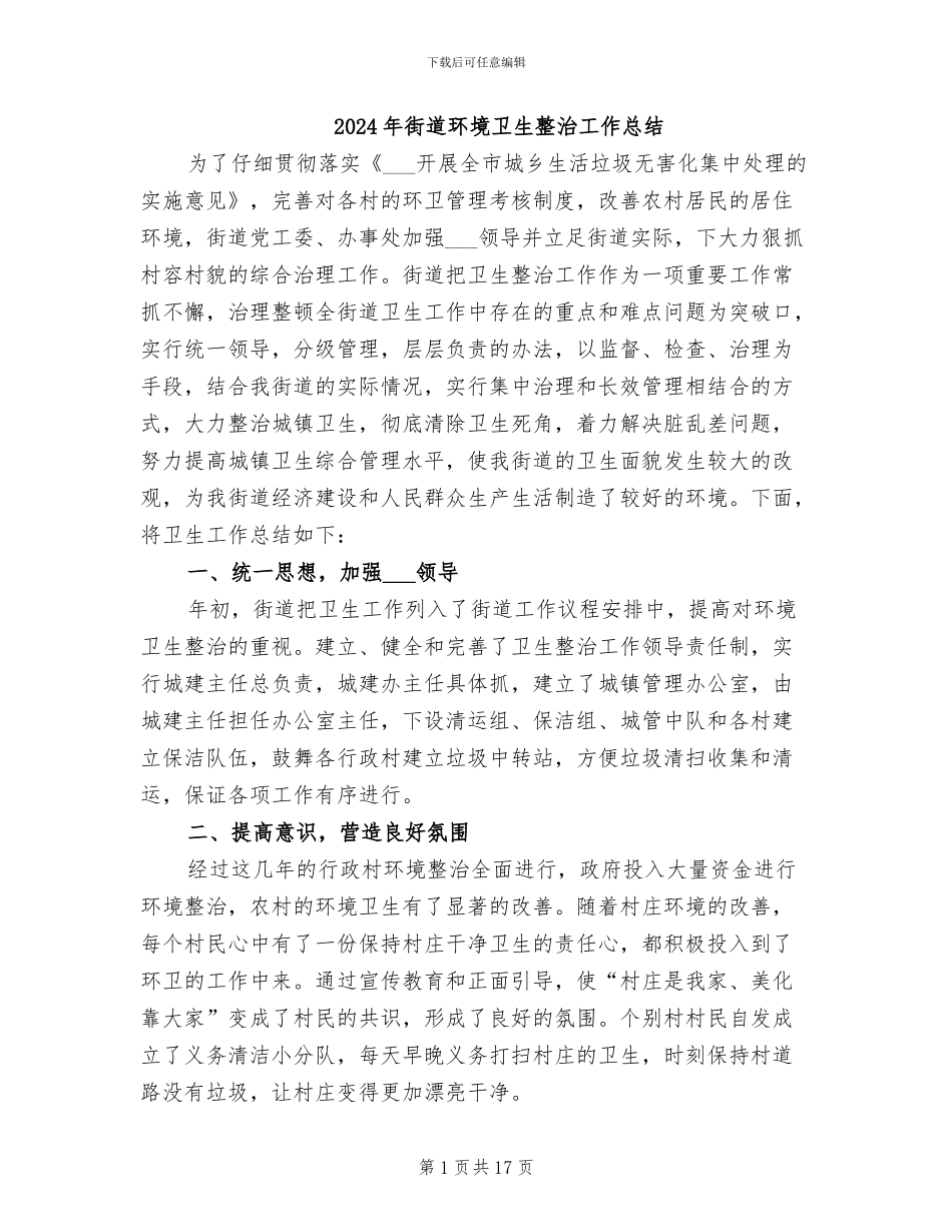 2024年街道环境卫生整治工作总结_第1页