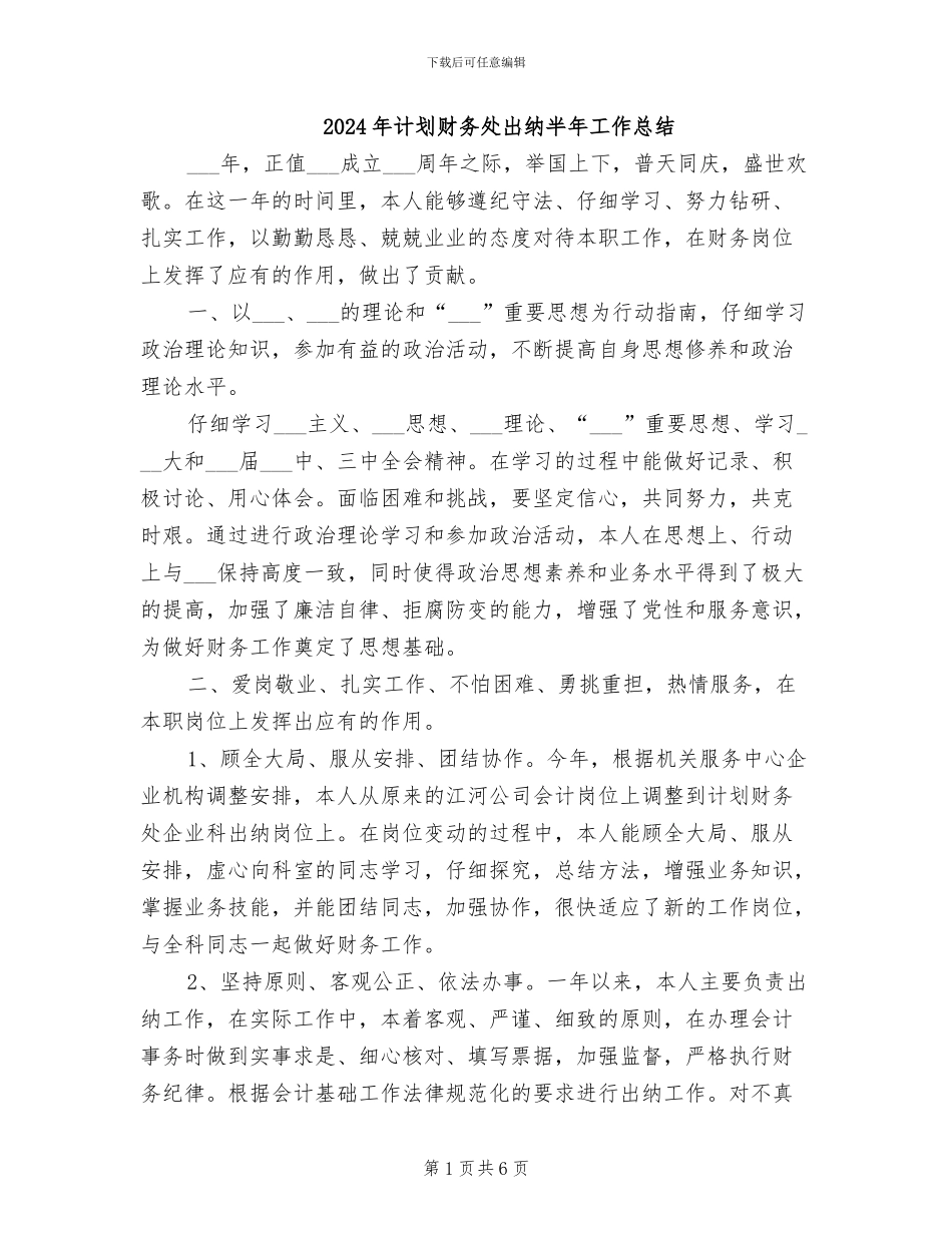 2024年计划财务处出纳半年工作总结_第1页