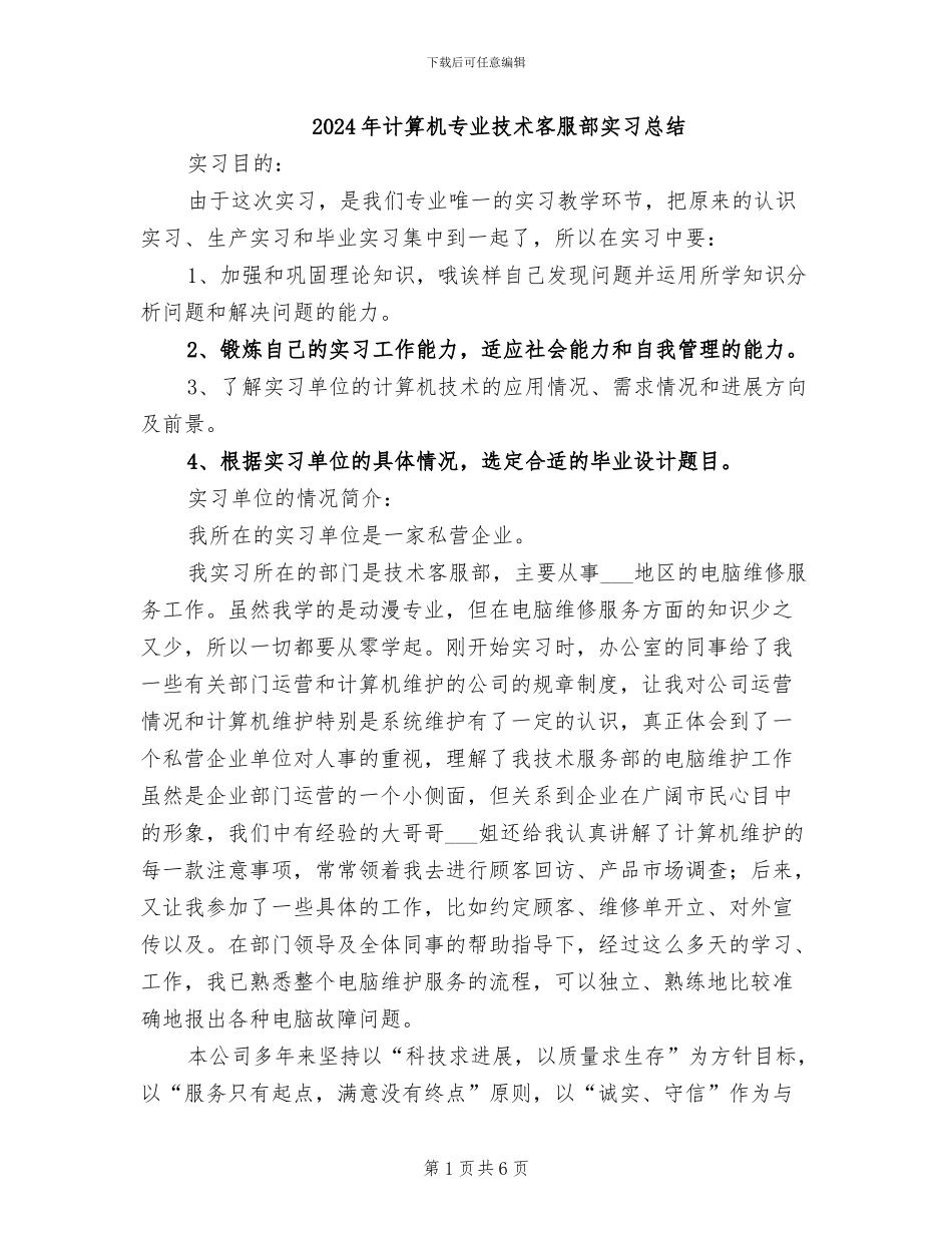 2024年计算机专业技术客服部实习总结_第1页