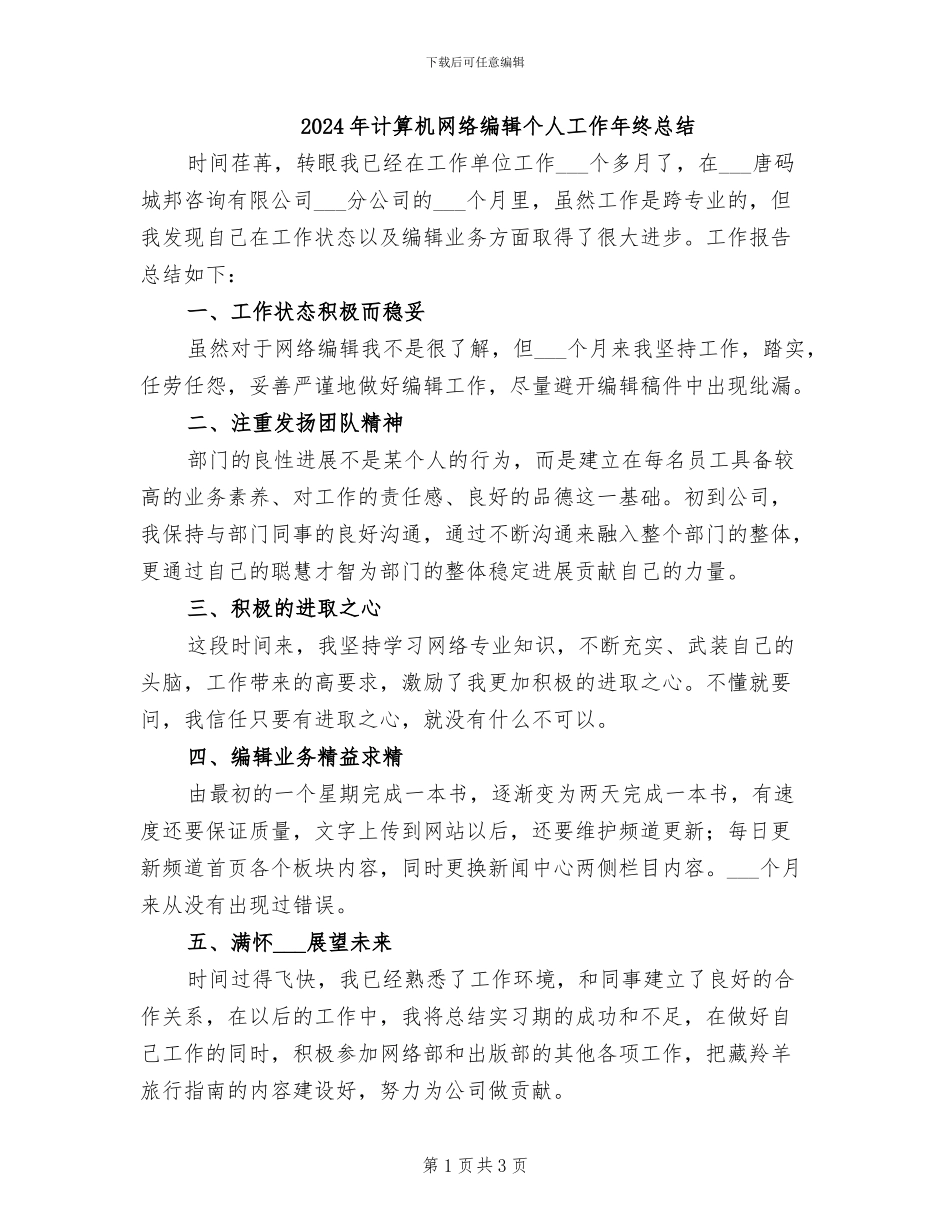 2024年计算机网络编辑个人工作年终总结_第1页