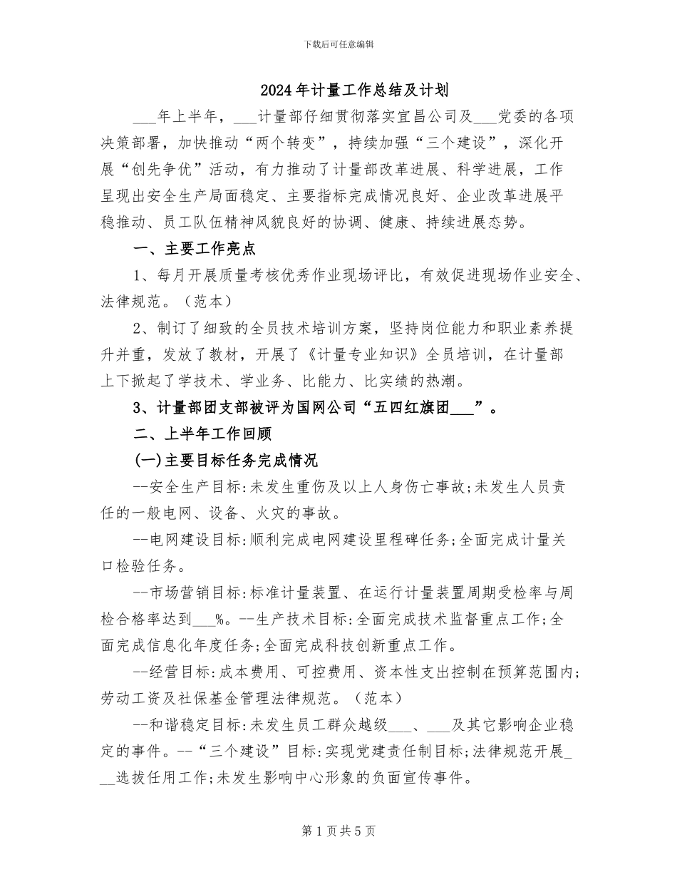 2024年计量工作总结及计划_第1页