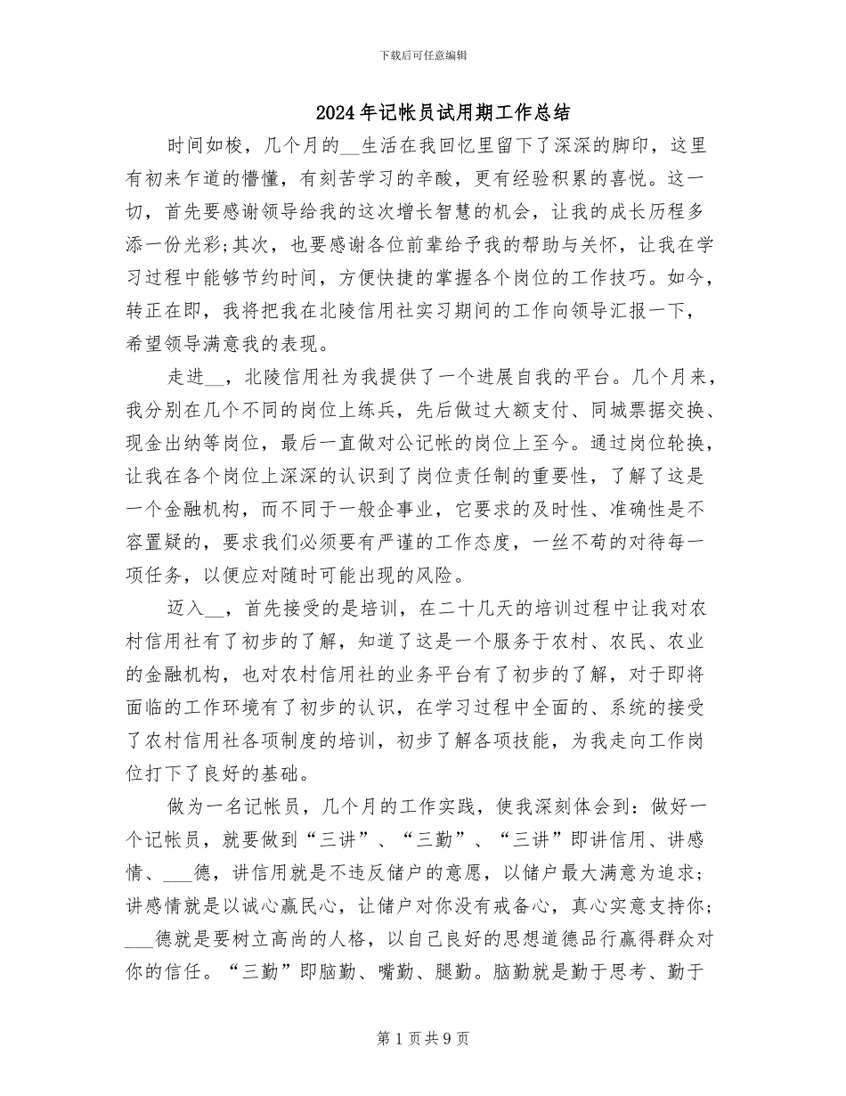 2024年记帐员试用期工作总结_第1页