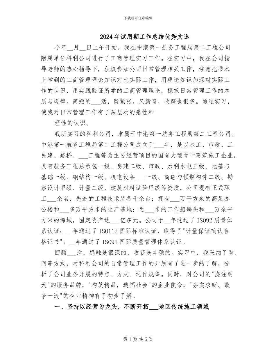 2024年试用期工作总结优秀文选_第1页