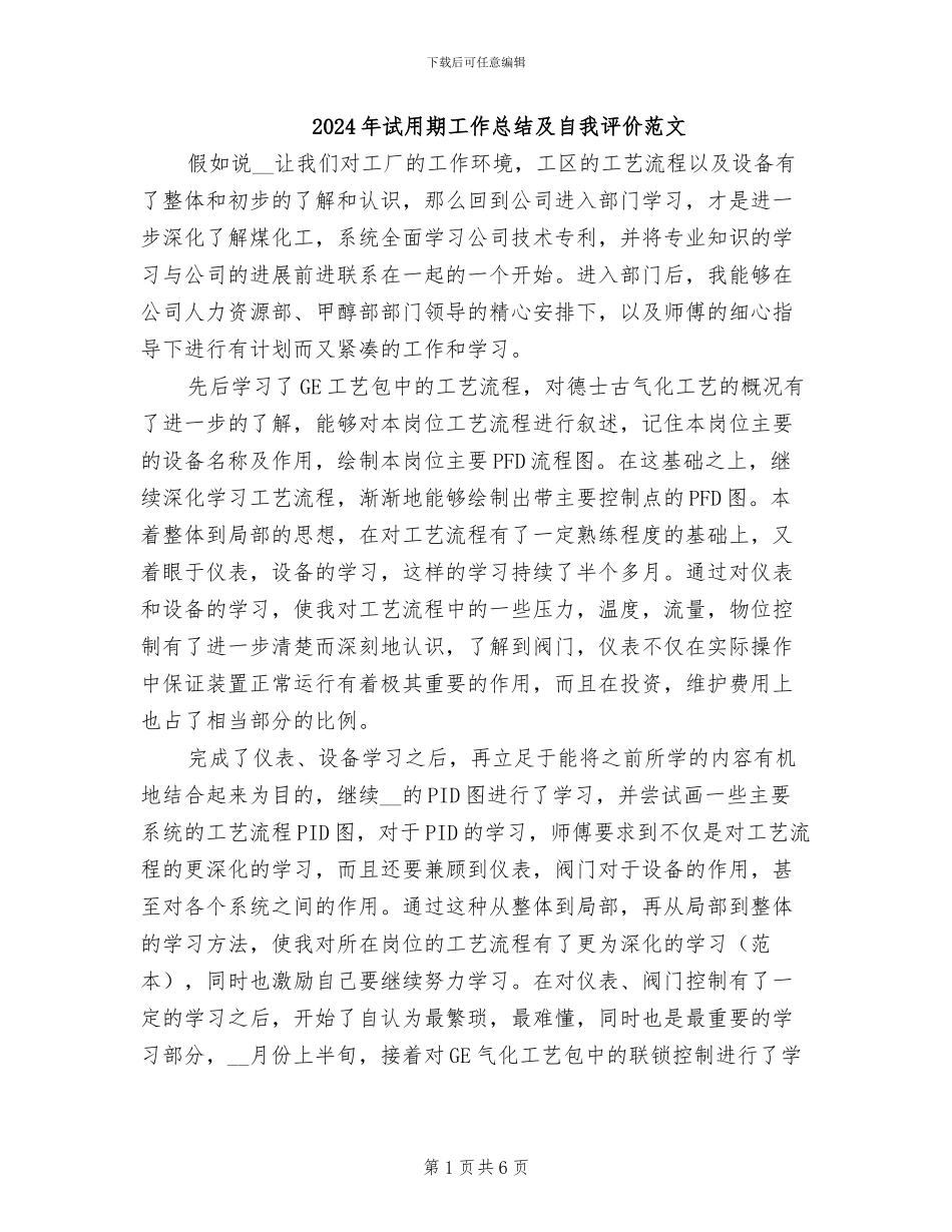 2024年试用期工作总结及自我评价范文_第1页