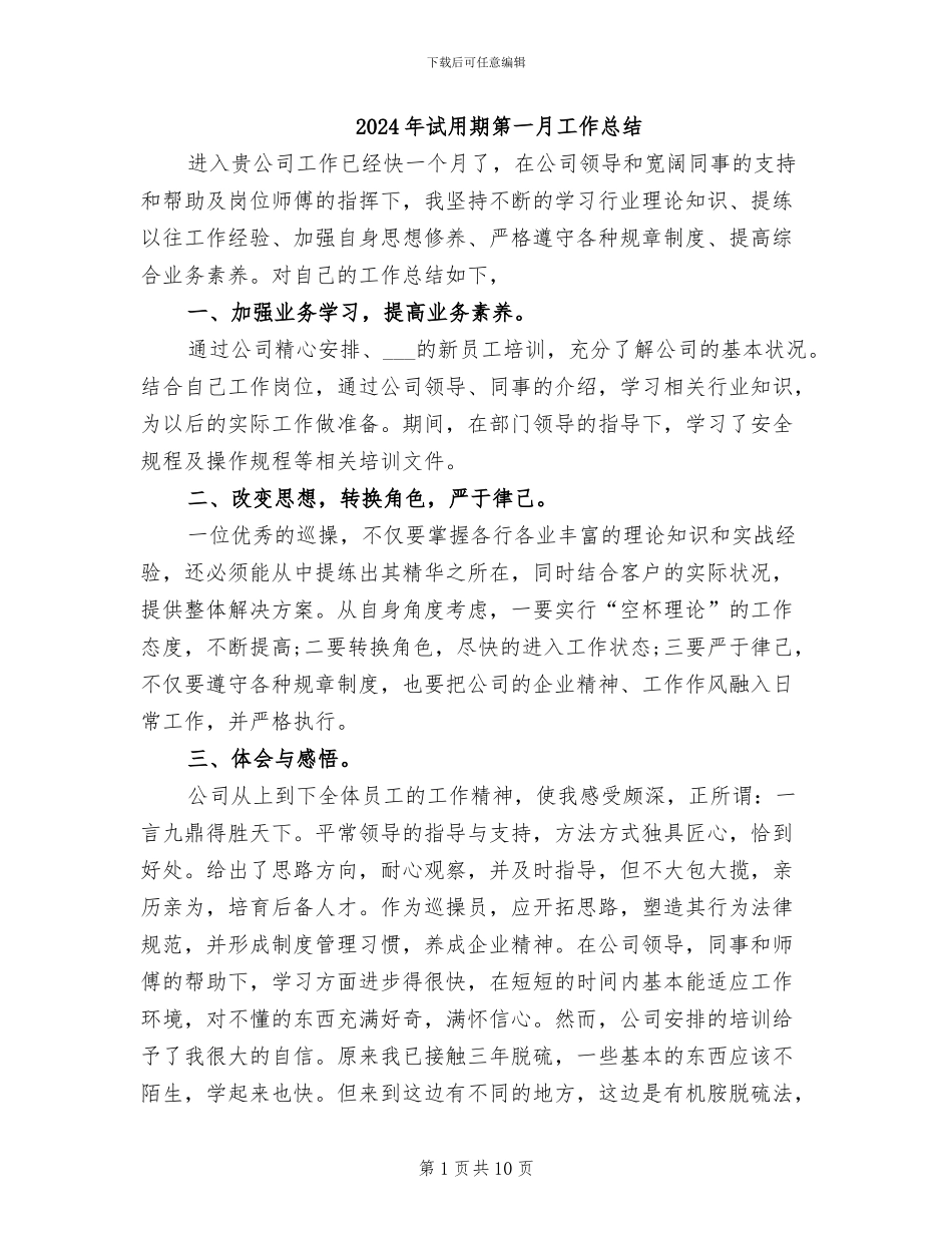 2024年试用期第一月工作总结_第1页
