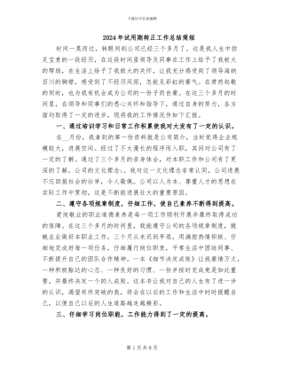 2024年试用期转正工作总结简短