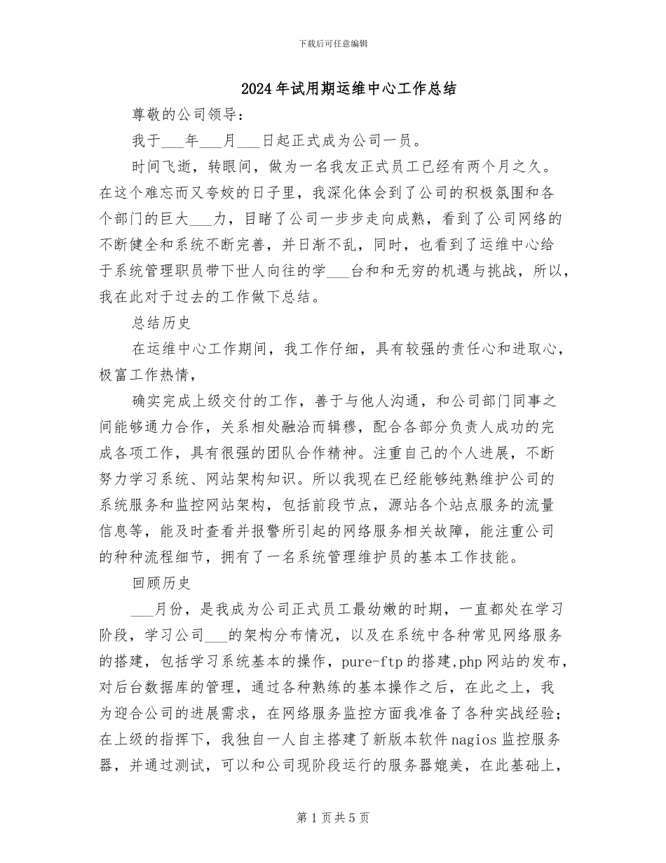 2024年试用期运维中心工作总结_第1页