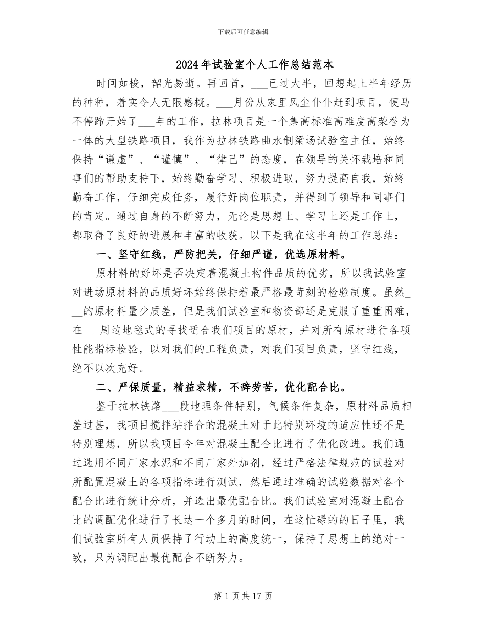 2024年试验室个人工作总结范本_第1页
