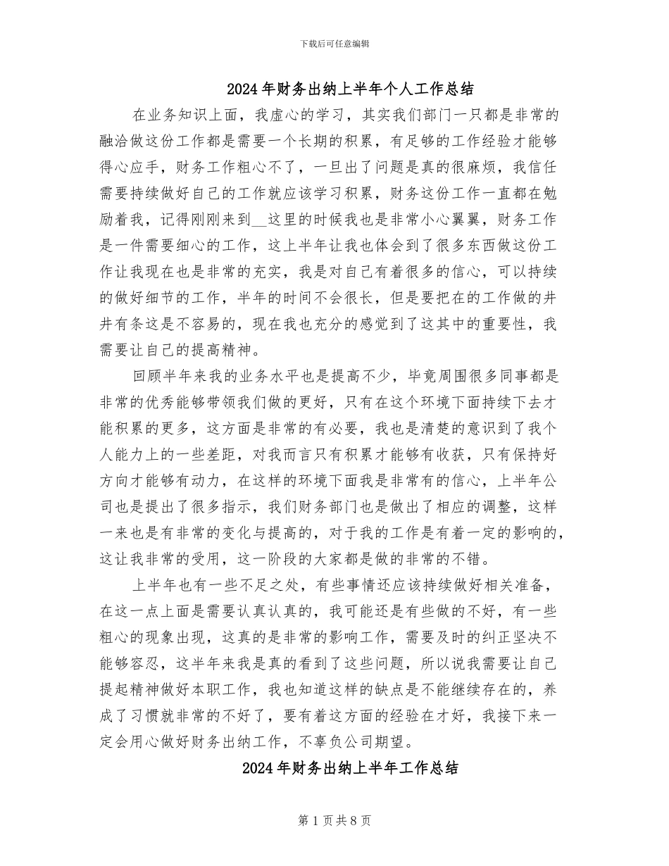 2024年财务出纳上半年个人工作总结_第1页