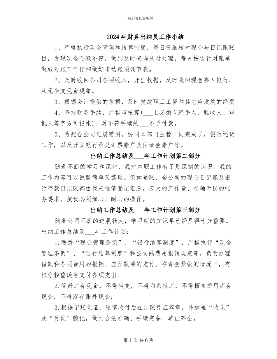 2024年财务出纳员工作小结_第1页