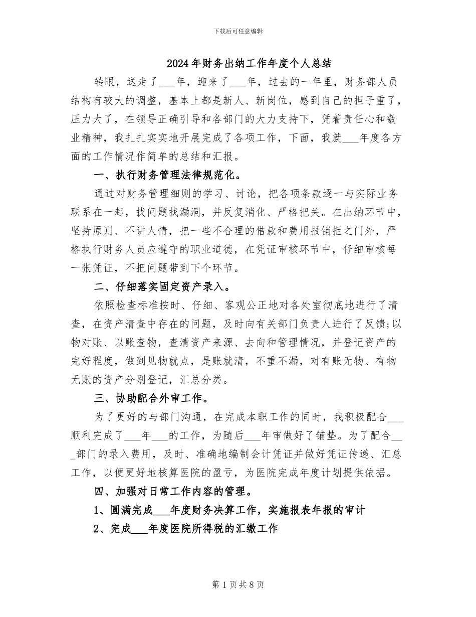 2024年财务出纳工作年度个人总结_第1页