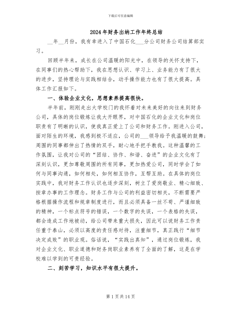 2024年财务出纳工作年终总结_第1页