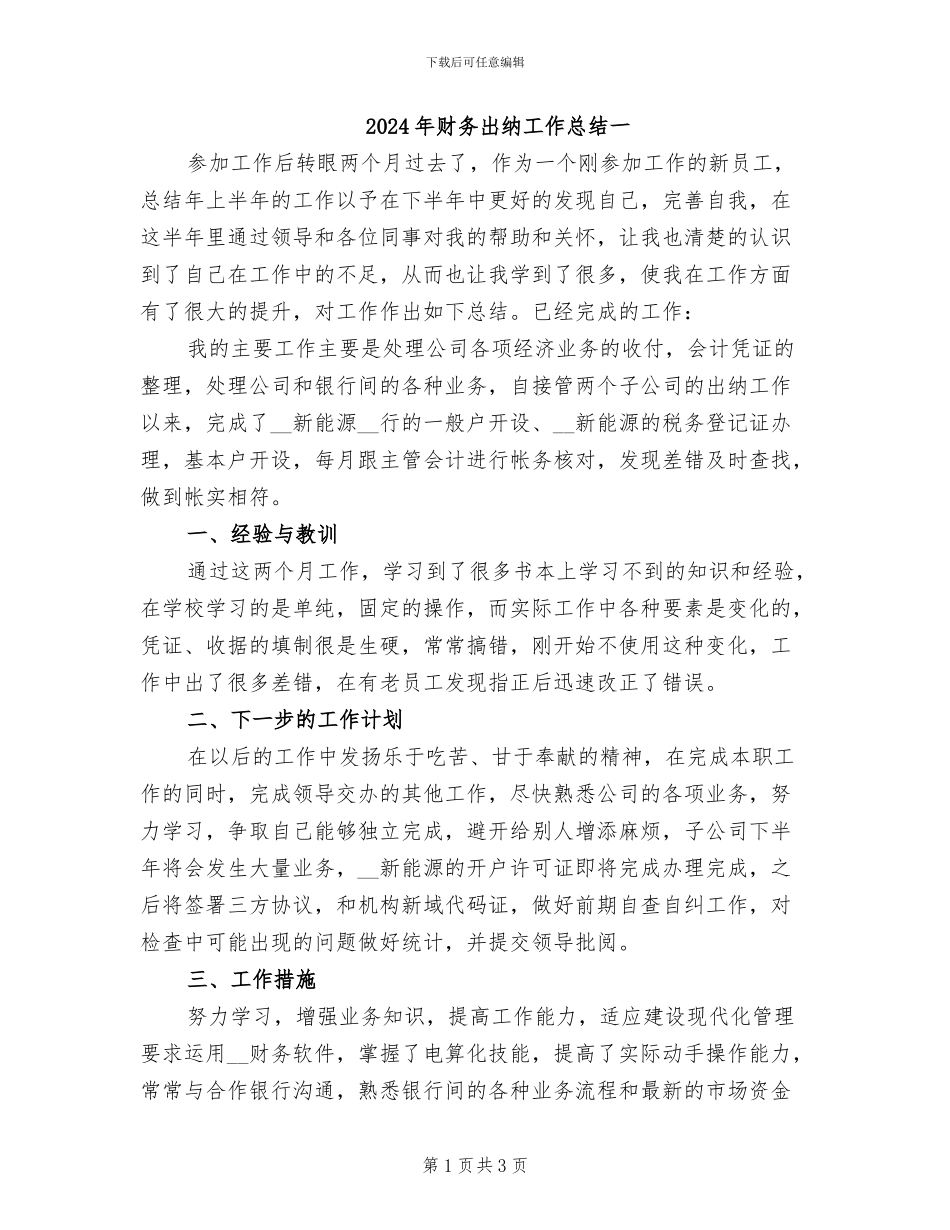 2024年财务出纳工作总结一_第1页
