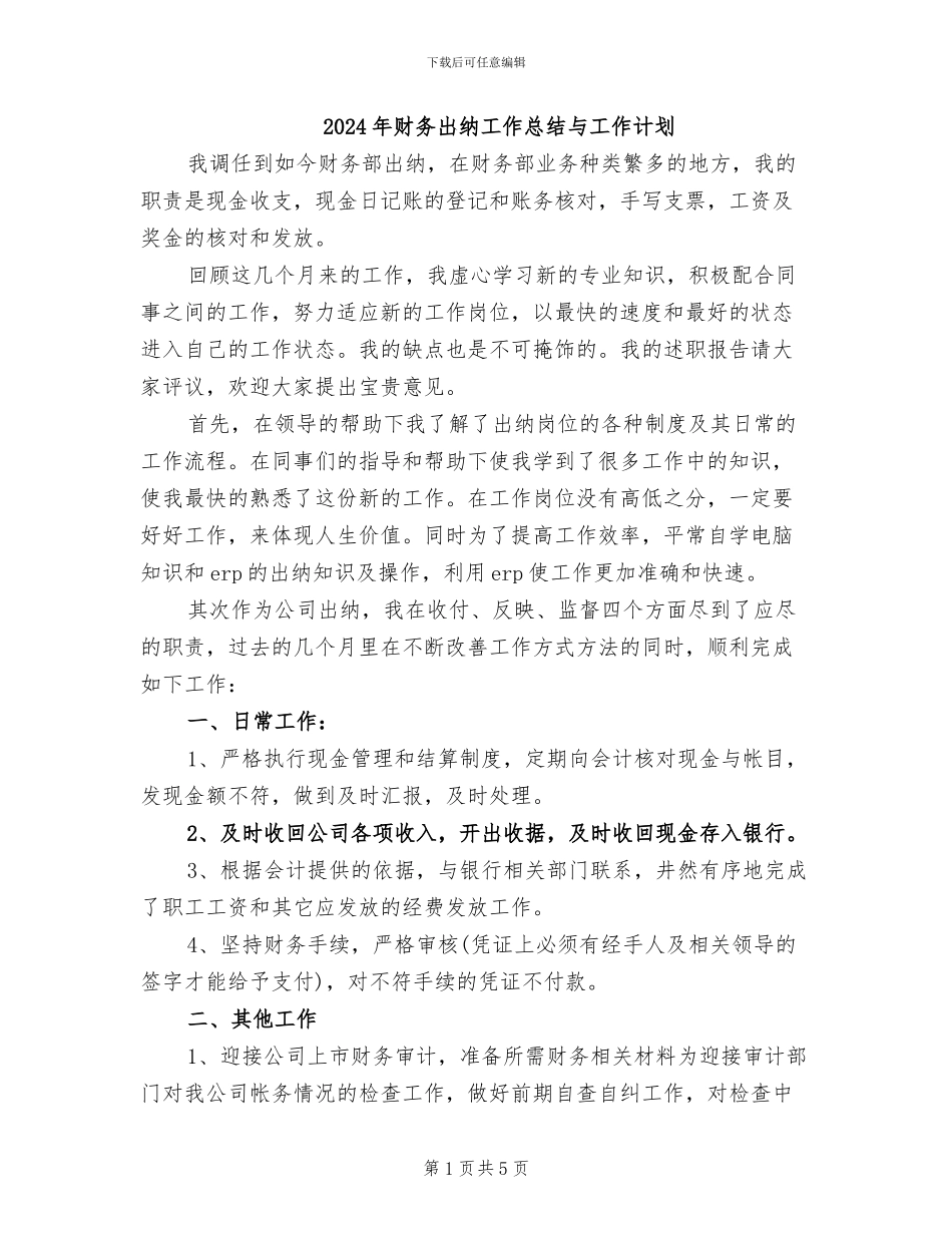 2024年财务出纳工作总结与工作计划_第1页