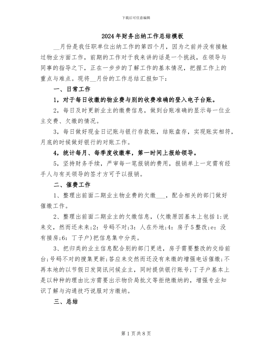 2024年财务出纳工作总结模板_第1页