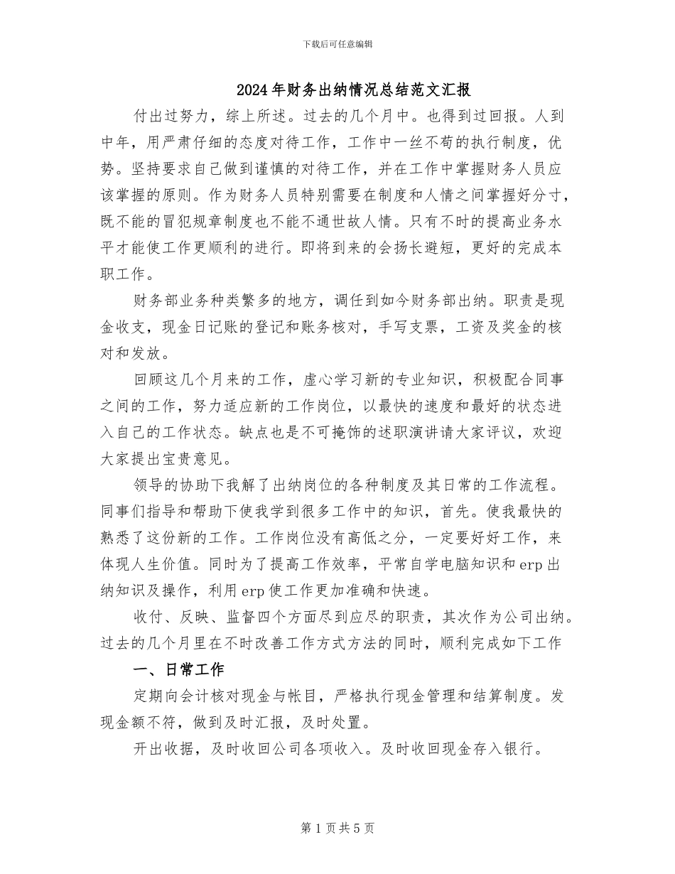 2024年财务出纳情况总结范文汇报_第1页
