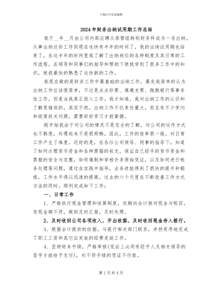 2024年财务出纳试用期工作总结