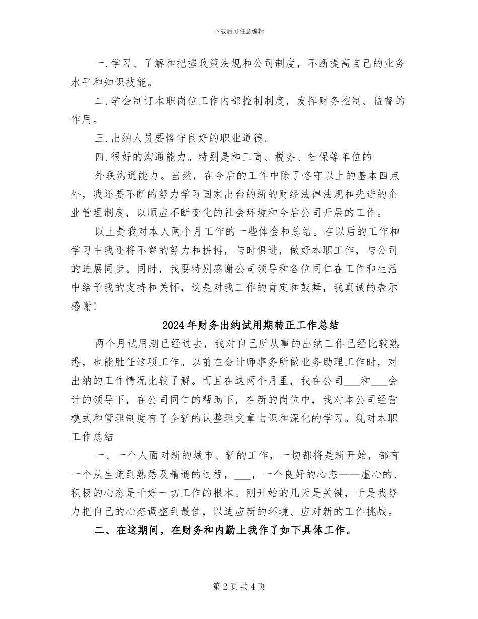 2024年财务出纳试用期工作总结范本_第2页