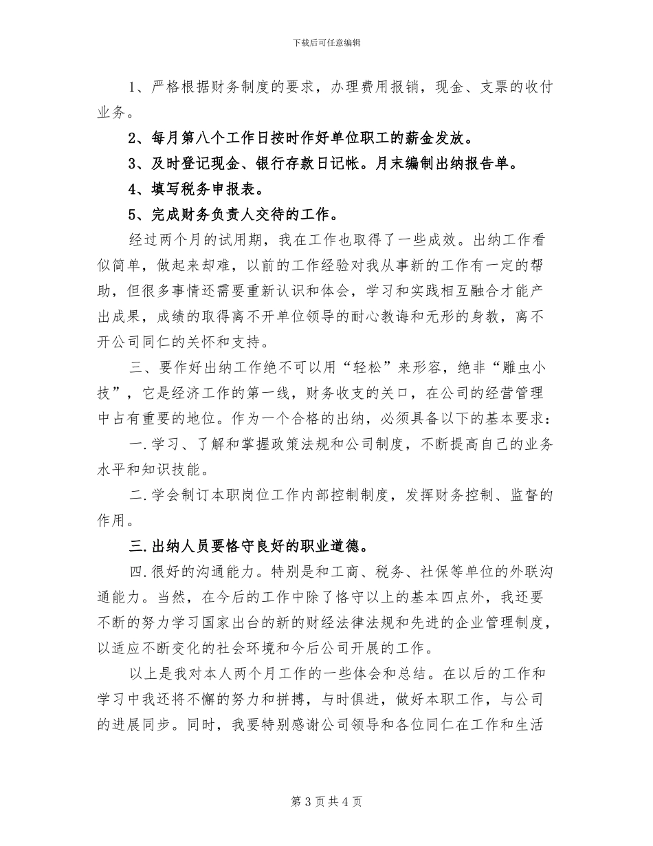 2024年财务出纳试用期工作总结范本_第3页