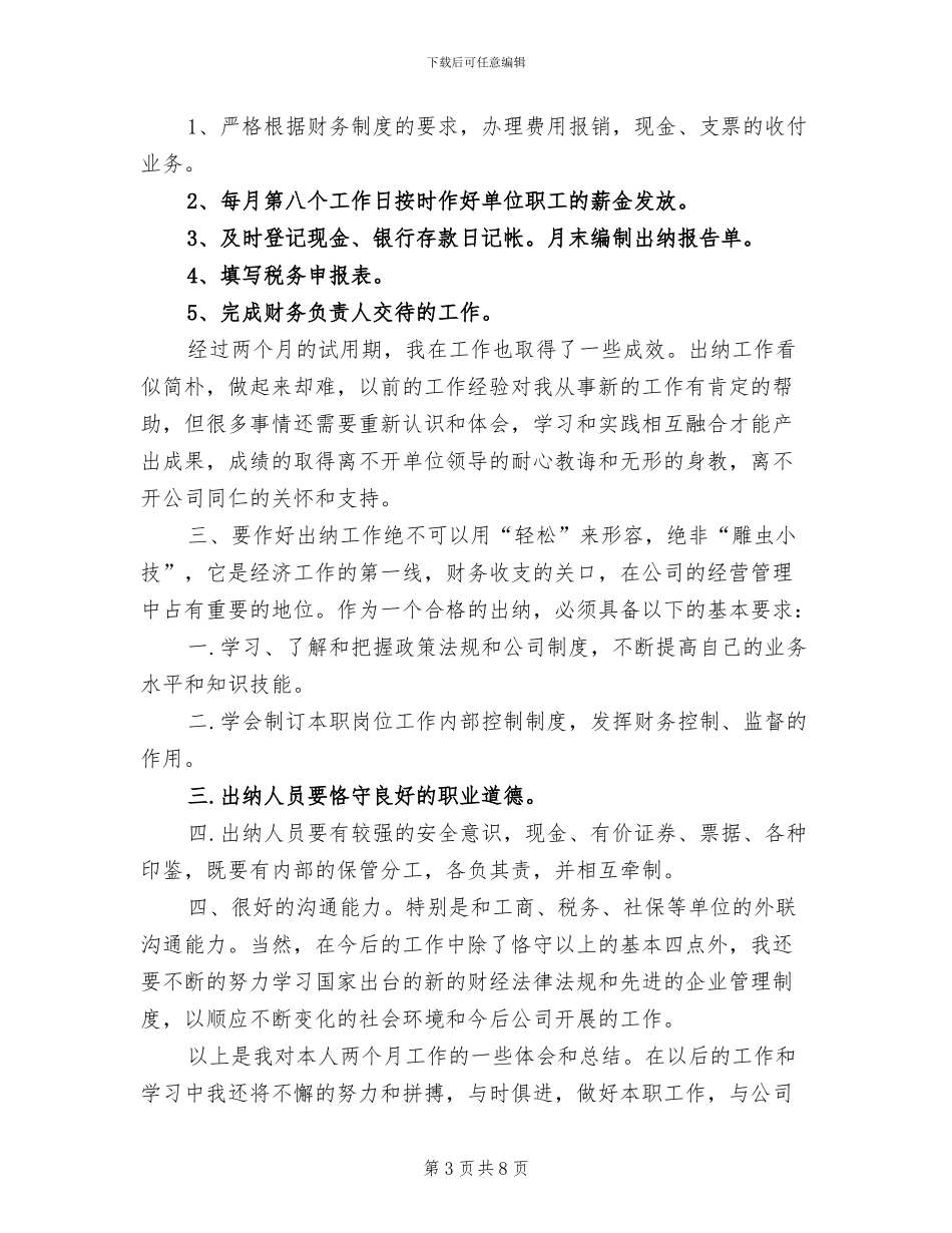 2024年财务出纳试用期转正工作总结范本_第3页