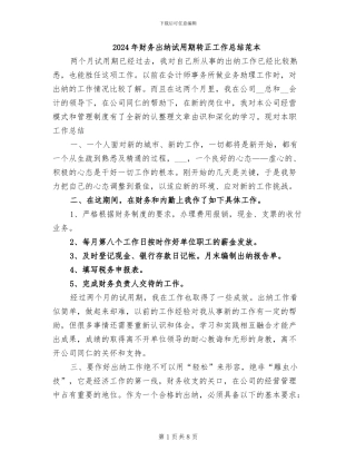 2024年财务出纳试用期转正工作总结范本