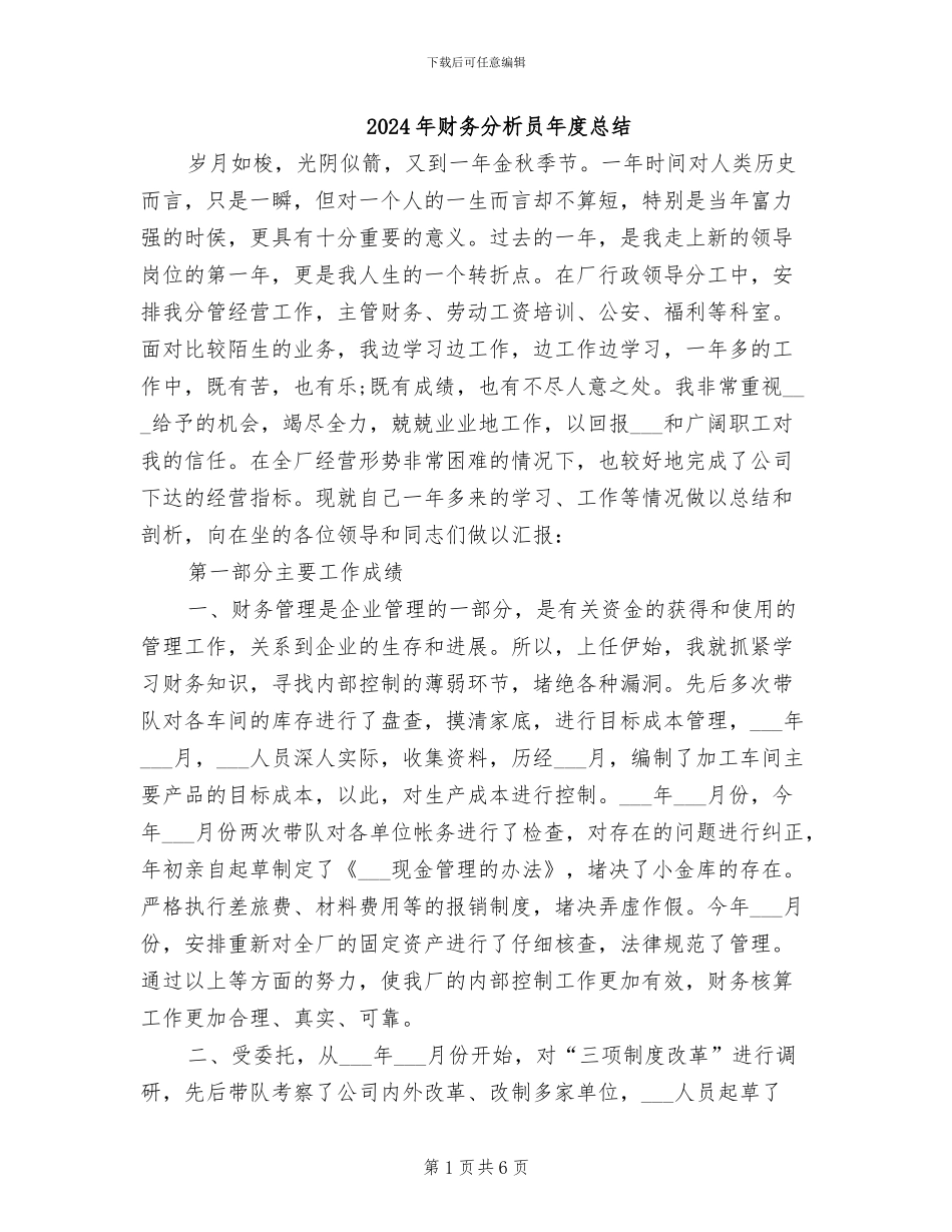 2024年财务分析员年度总结_第1页