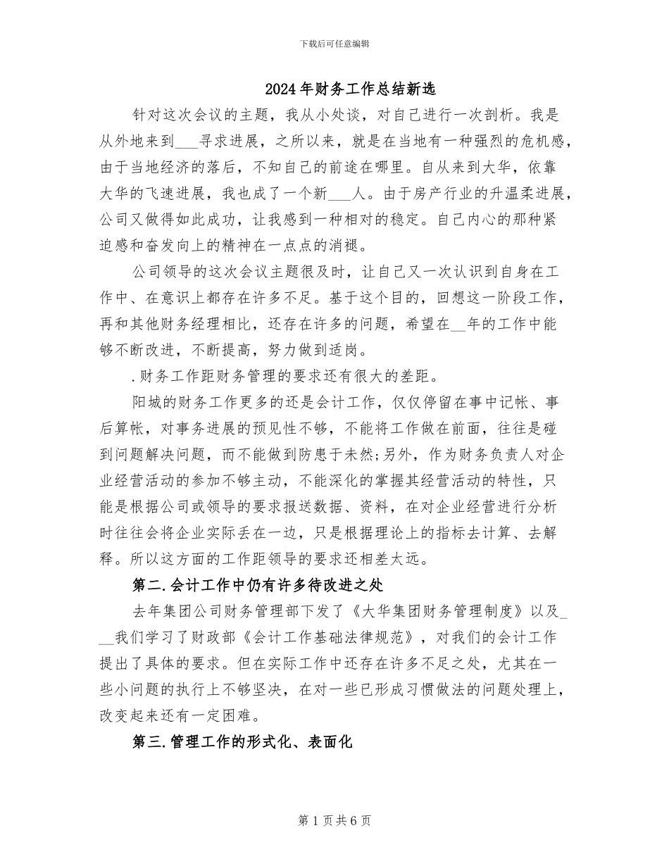 2024年财务工作总结新选_第1页