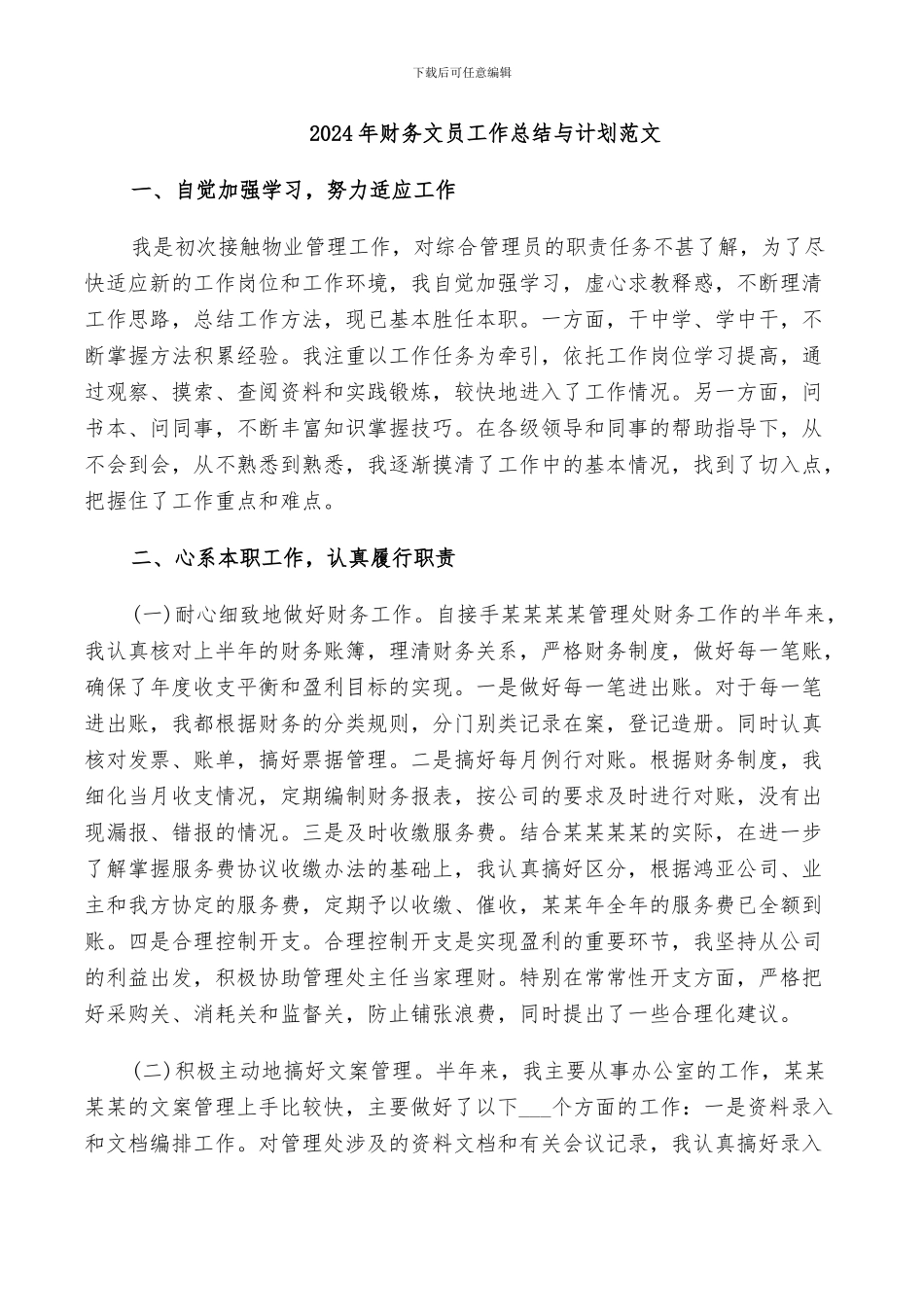 2024年财务文员工作总结与计划范文_第1页