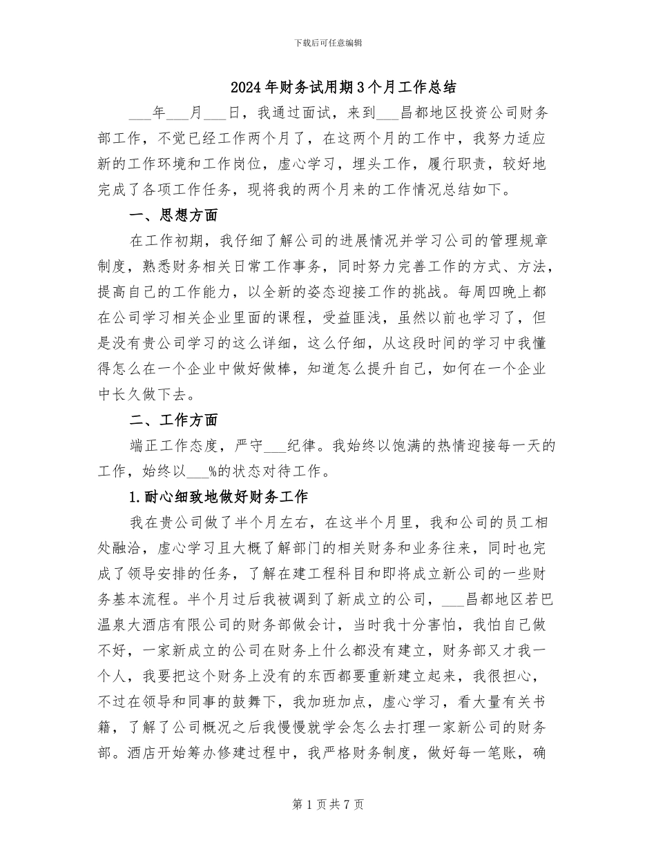 2024年财务试用期3个月工作总结_第1页
