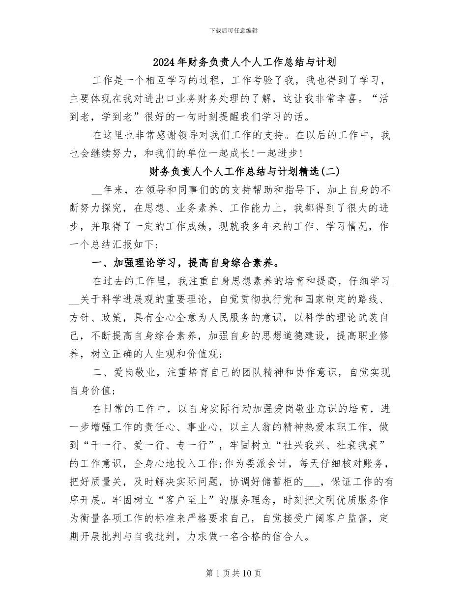 2024年财务负责人个人工作总结与计划_第1页