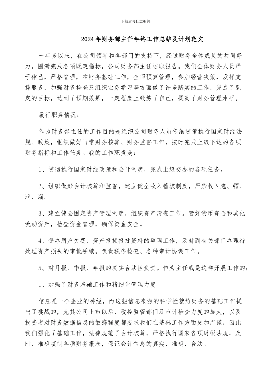2024年财务部主任年终工作总结及计划范文_第1页