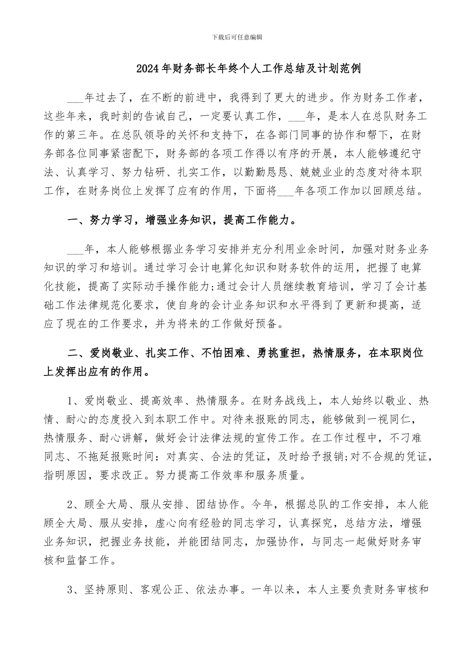 2024年财务部长年终个人工作总结及计划范例_第1页