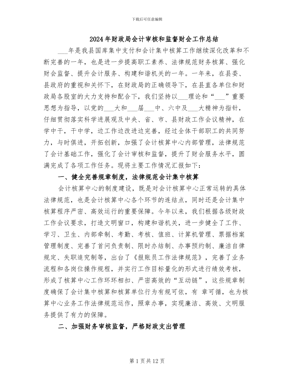 2024年财政局会计审核和监督财会工作总结_第1页