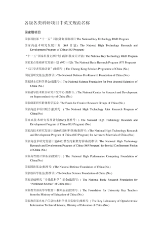 中国主要基金项目的标准英文名称