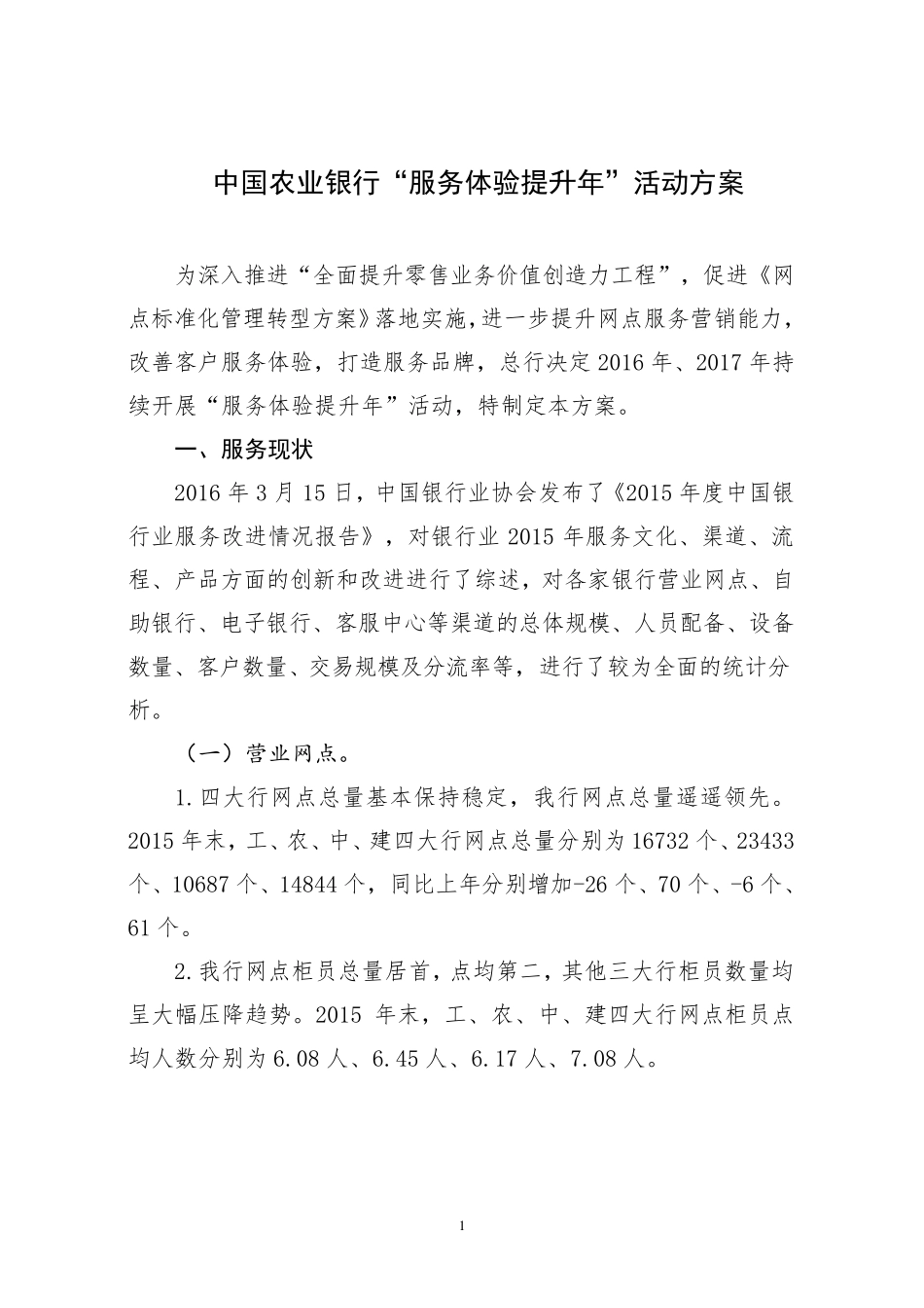 中国农业银行“服务体验提升年”活动方案_第1页