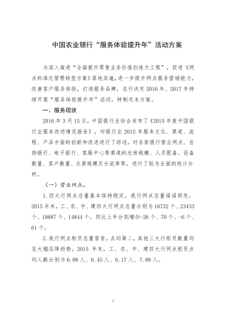 中国农业银行“服务体验提升年”活动方案
