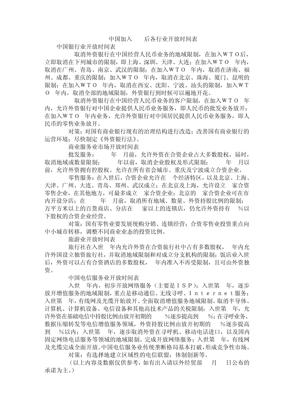 中国加入WTO后各行业开放时间表_第1页