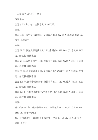 中国历代人口统计一览表
