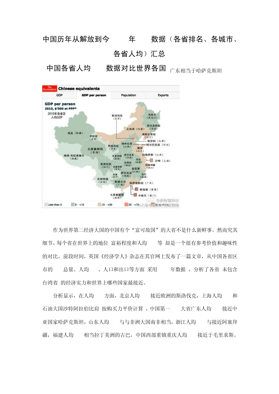 中国历年从解放到今2011年GDP数据(各省排名、各城市、各省人均)人均GDP对比世界各国广东相当哈萨克斯坦_第1页