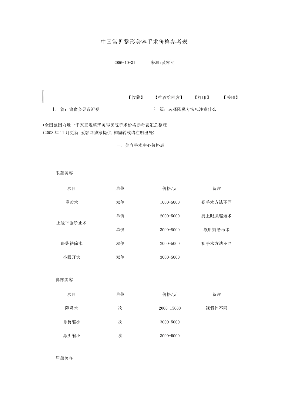 中国常见整形美容手术价格参考表_第1页