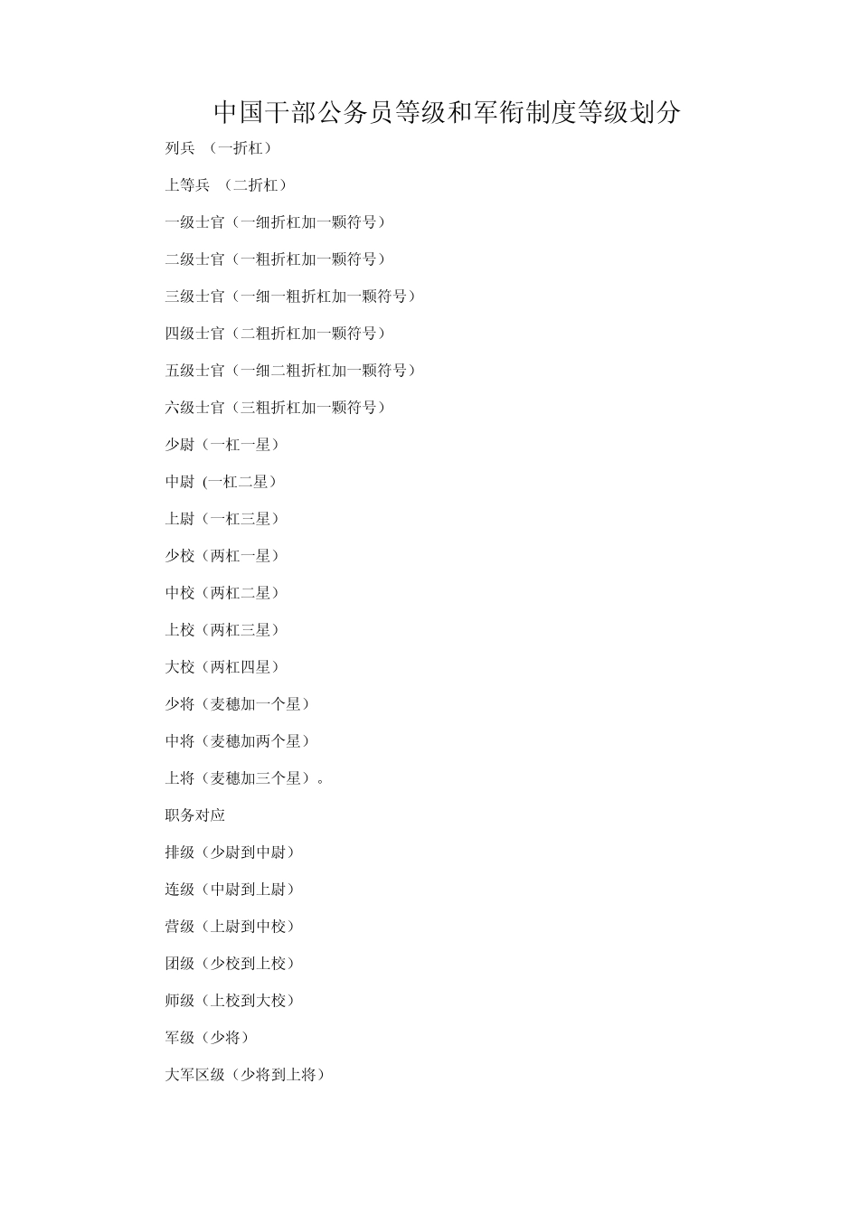 中国干部公务员等级和军衔制度等级划分_第1页